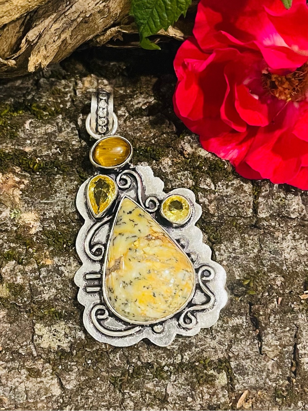 Dendrite Opal Tiger Eye Citrine 925 Sterling Silver Pendant